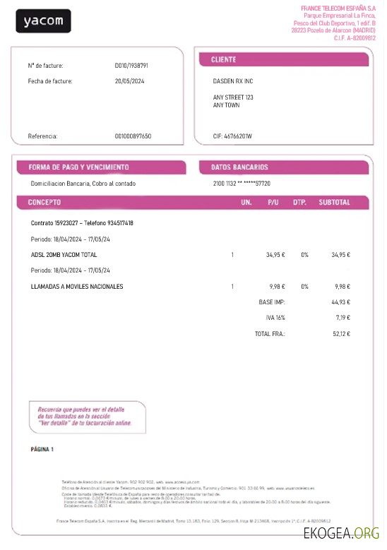 Modèle Word et PDF de facture de services publics d'entreprise Yacom en Espagne